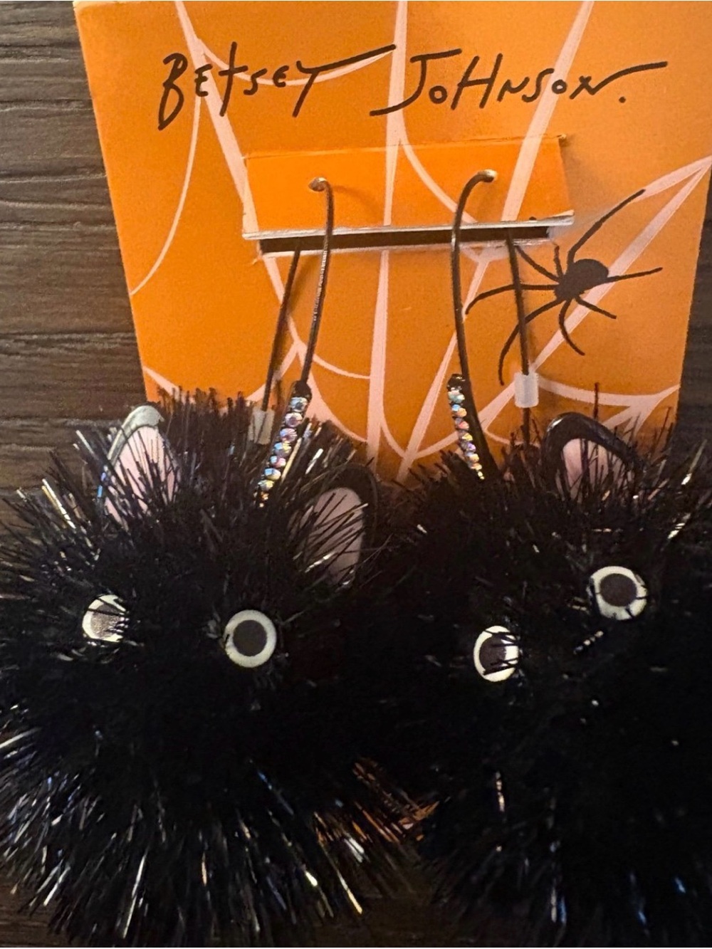 Betsey Johnson Black Cat Pom-Pom Drop Earrings
